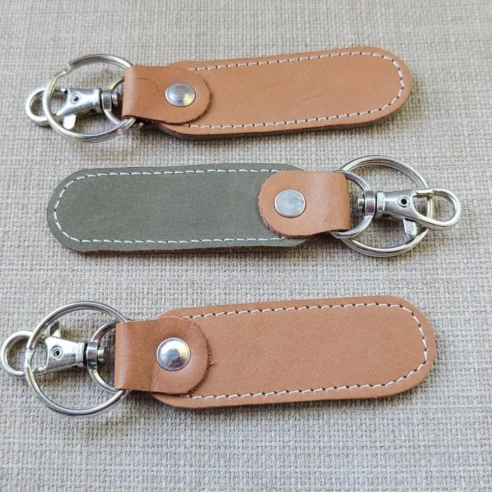Lot of 3 Keychains Dual Color Brown/olive Genuine Leather Keys Holder Handmade